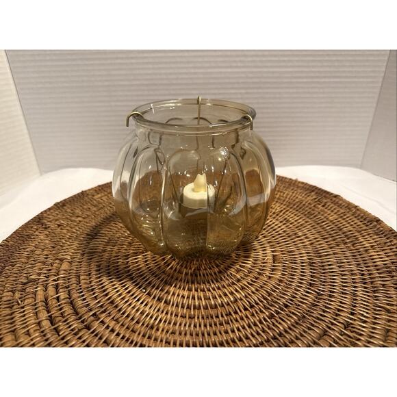 Amber Colored Glass Pumpkin 5” Tea Light Holder - Fall Autumn Harvest Decor - Picture 1 of 8